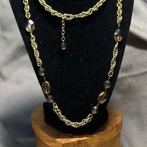 Elegant Soft Gold Tone Chain & Taupe Beaded Necklace